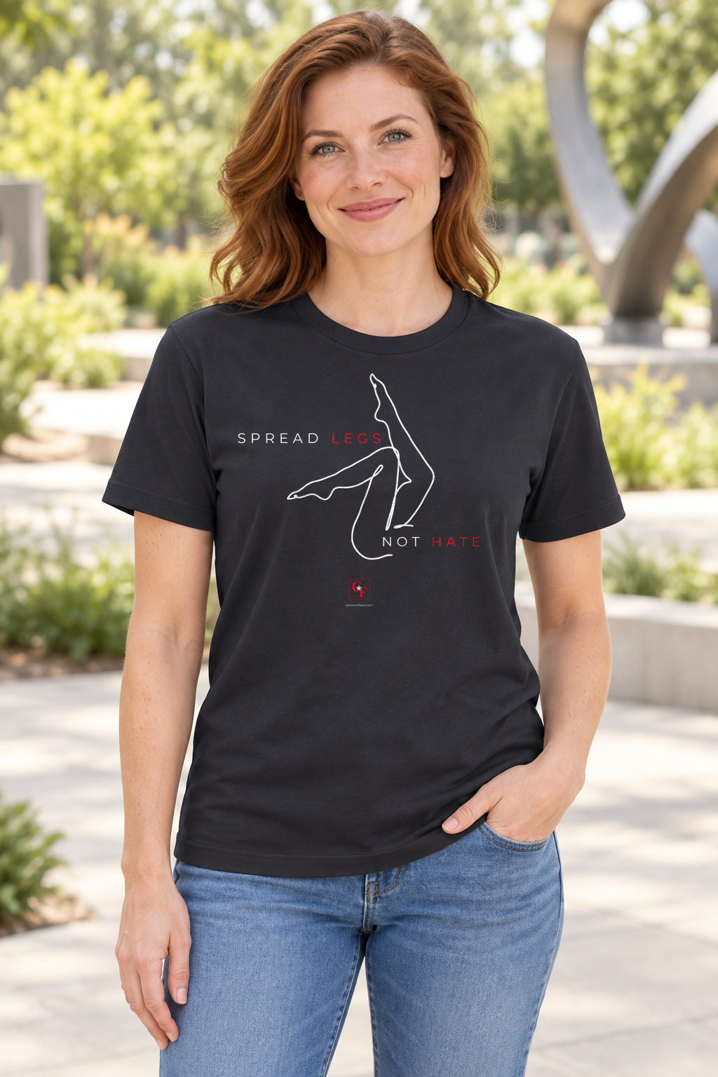 Spread Legs Tee in Dark Grey, lifestyle model mockup