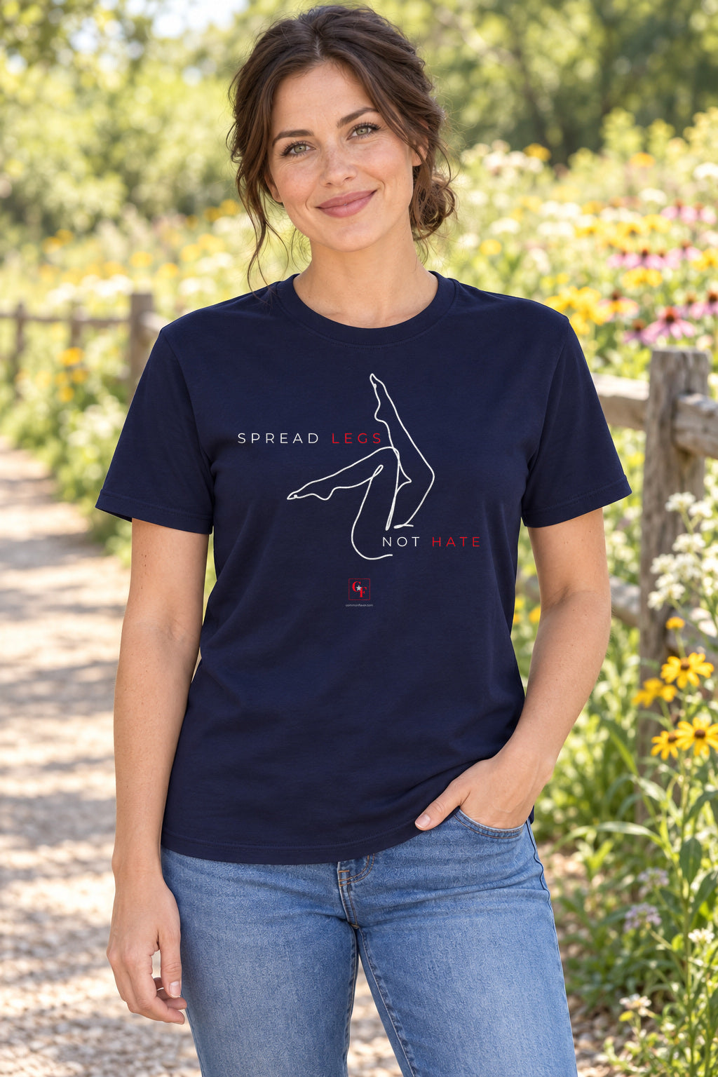 Spread Legs Tee in Navy, lifestyle model mockup
