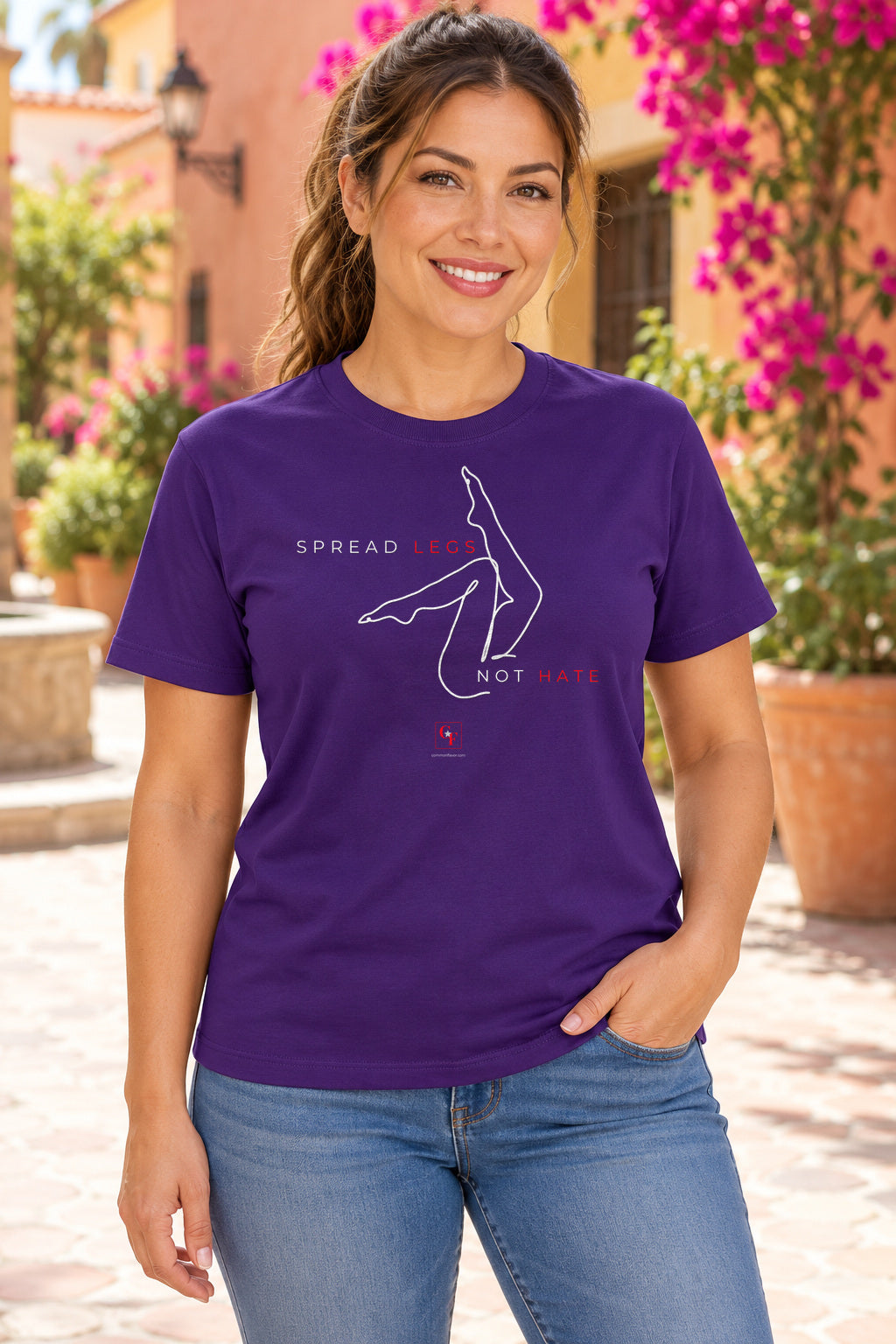 Spread Legs Tee in Team Purple, lifestyle model mockup