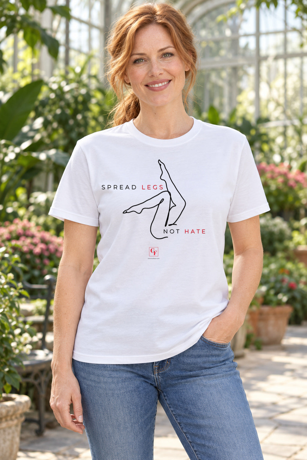Spread Legs Tee in White, lifestyle model mockup
