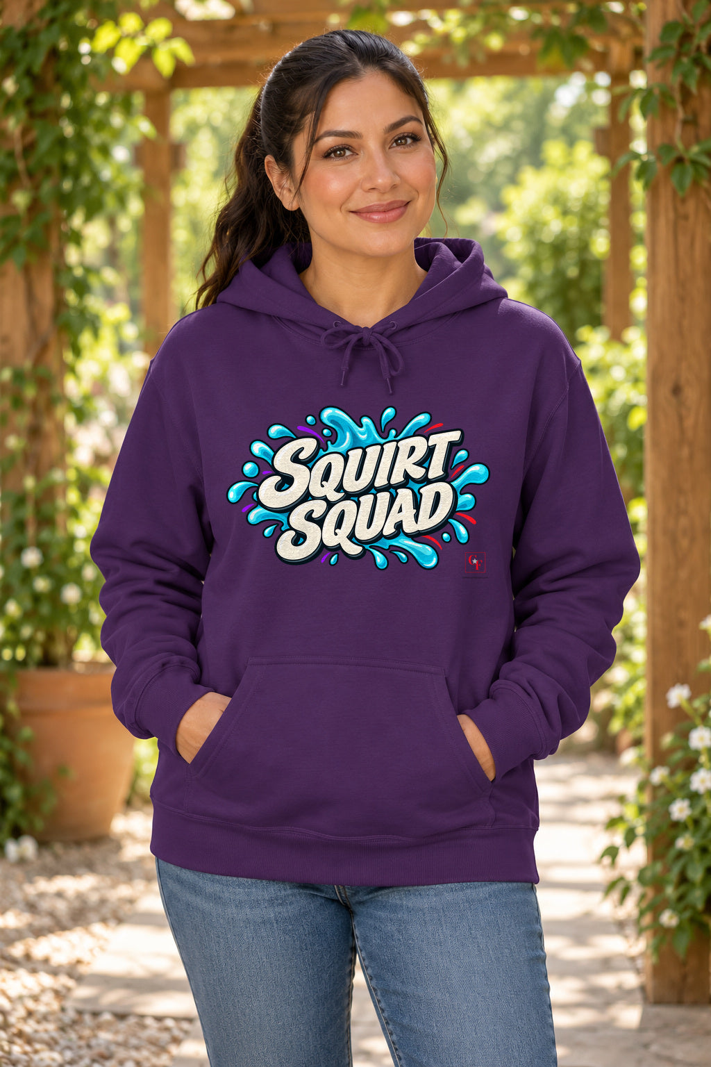 Squirt Squad Hoodie in Purple on a model outdoors — Common Flavor