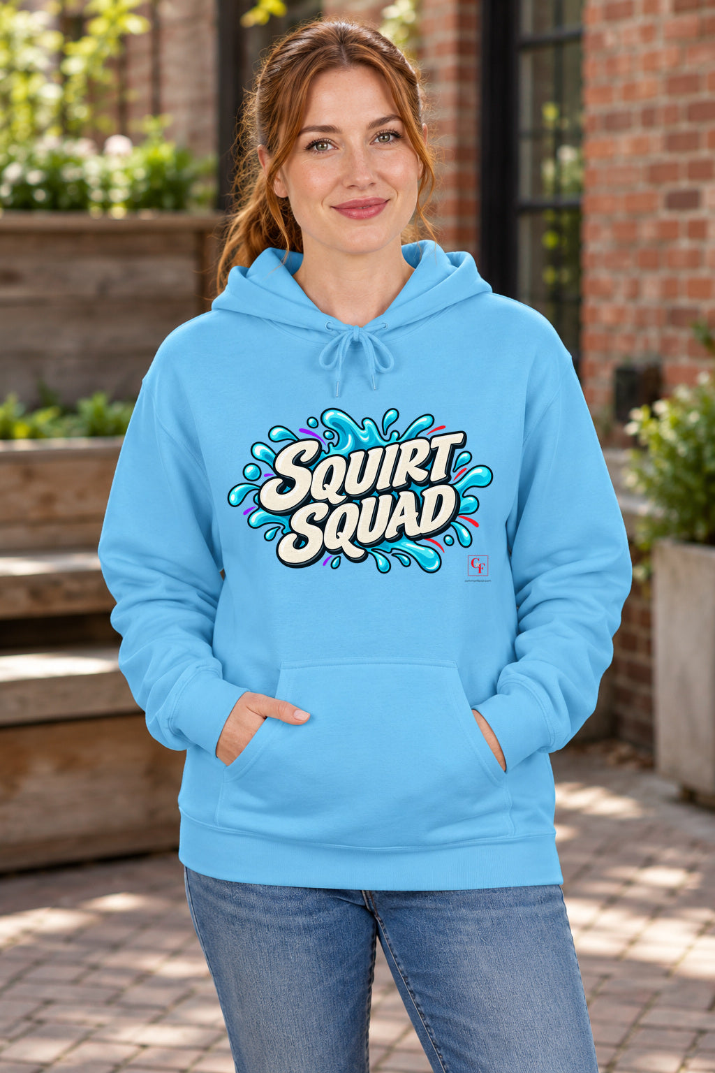 Squirt Squad Hoodie in Sky on a model outdoors — Common Flavor