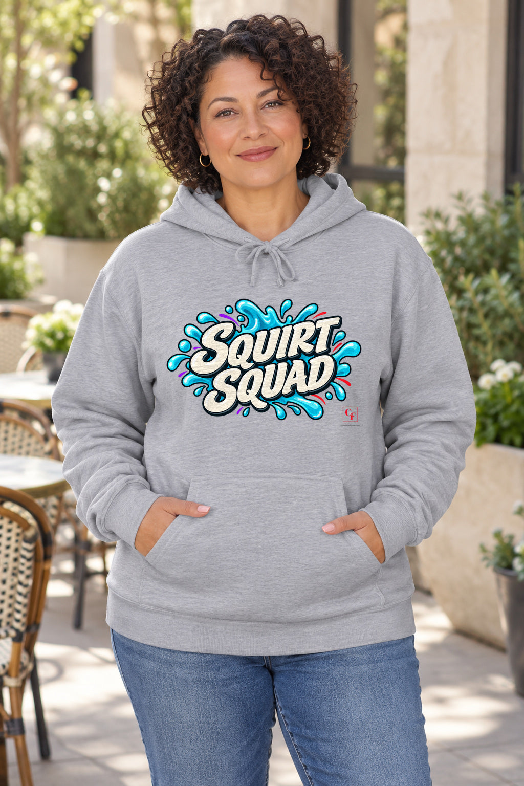 Squirt Squad Hoodie in Sport Grey on a model outdoors — Common Flavor
