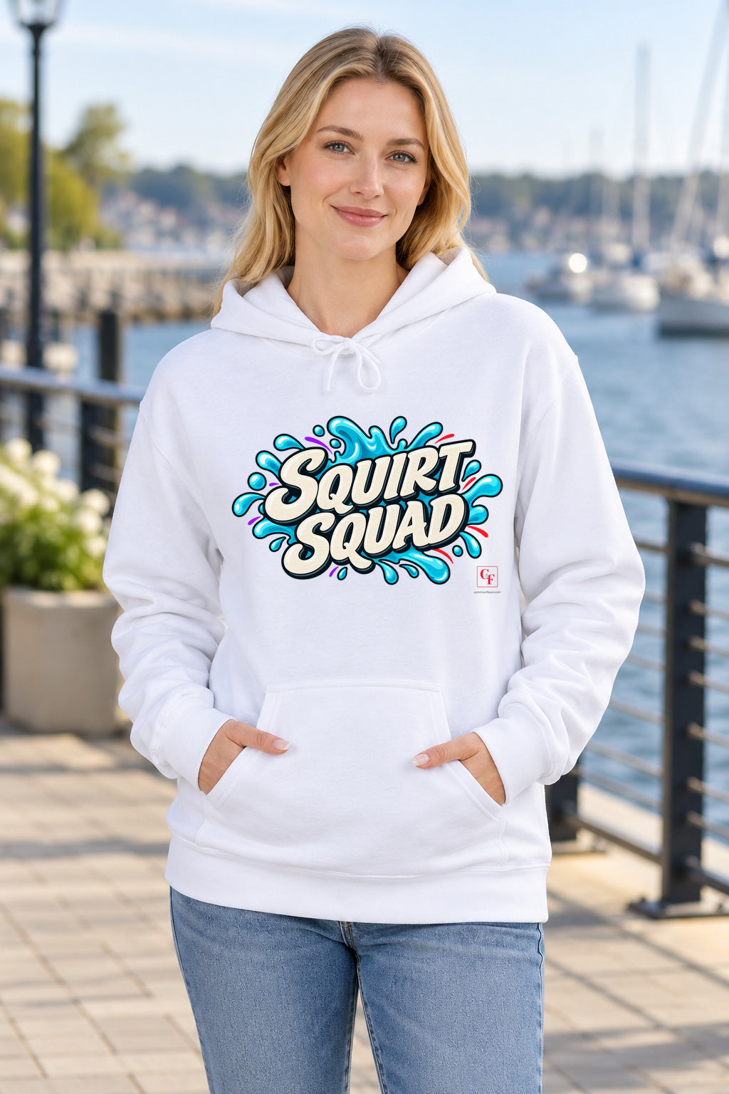 Squirt Squad Hoodie in White on a model outdoors — Common Flavor