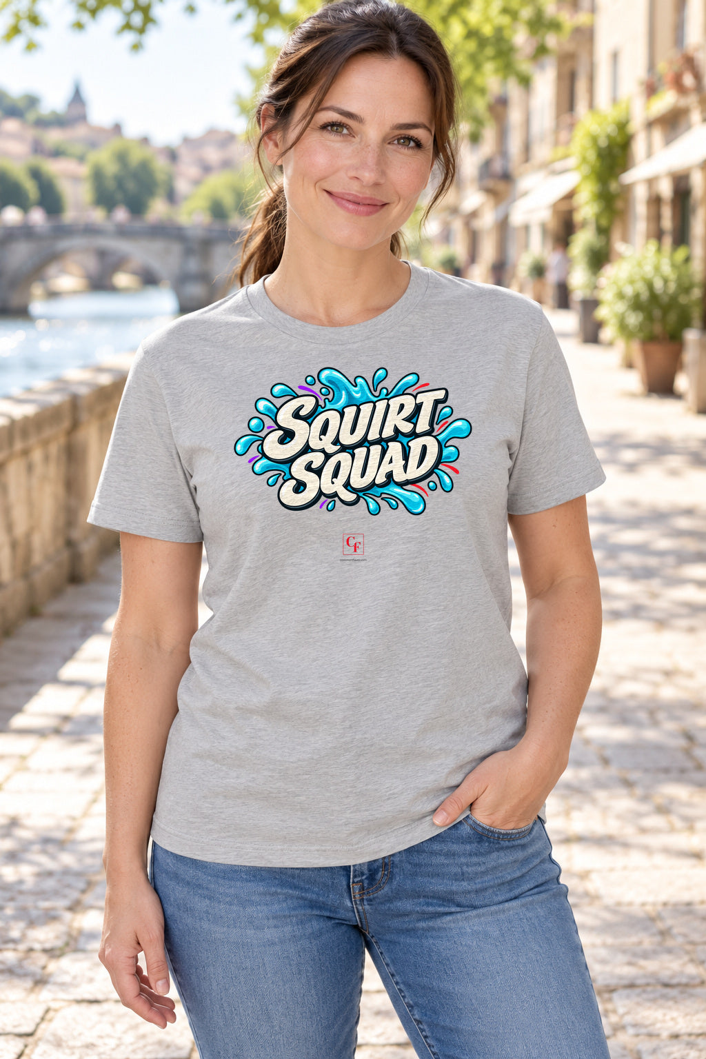 Squirt Squad Tee in Athletic Heather, lifestyle model mockup