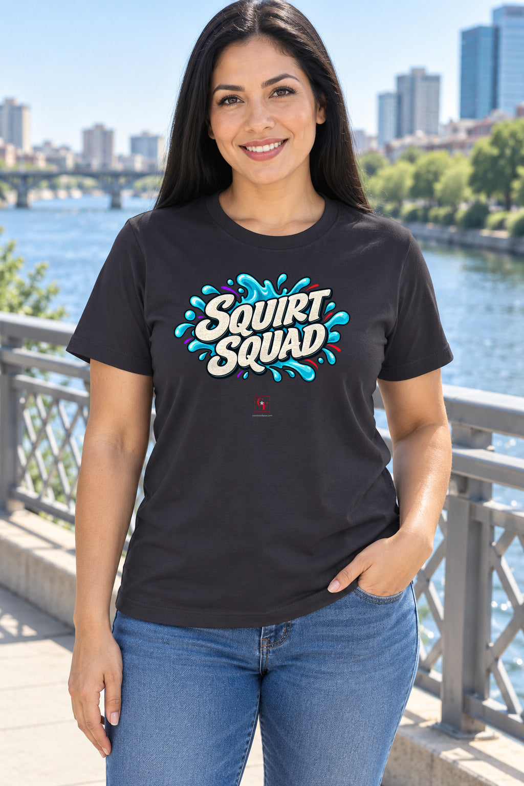 Squirt Squad Tee in Dark Grey, lifestyle model mockup