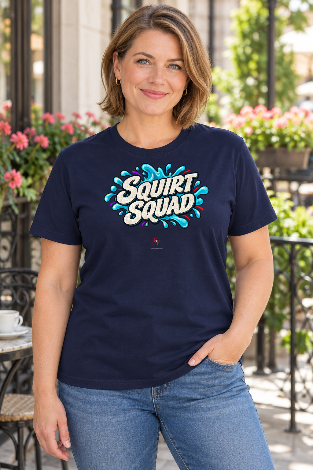 Squirt Squad Tee in Navy, lifestyle model mockup