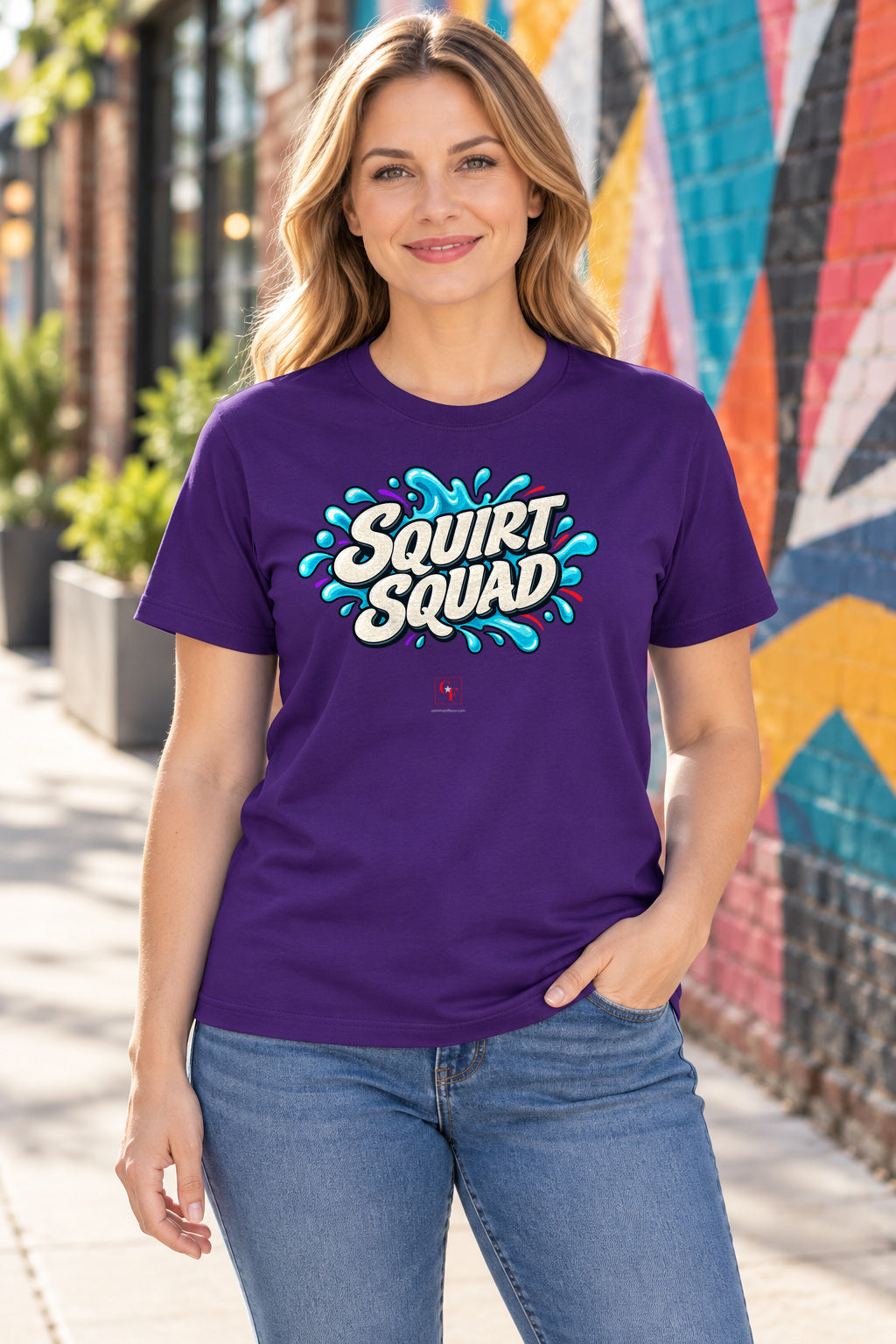 Squirt Squad Tee in Team Purple, lifestyle model mockup