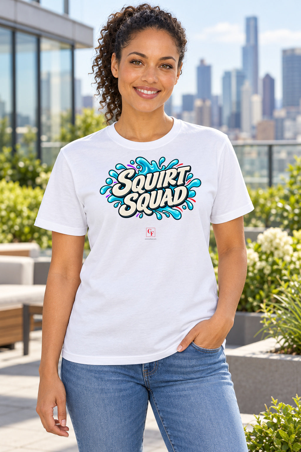 Squirt Squad Tee in White, lifestyle model mockup