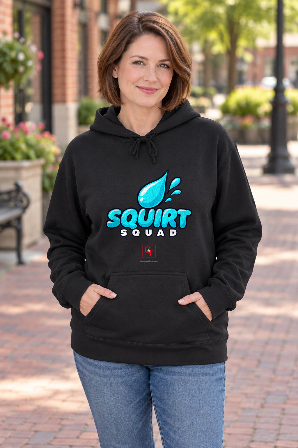 Squirt Squad Variation Hoodie in Black on a model outdoors — Common Flavor