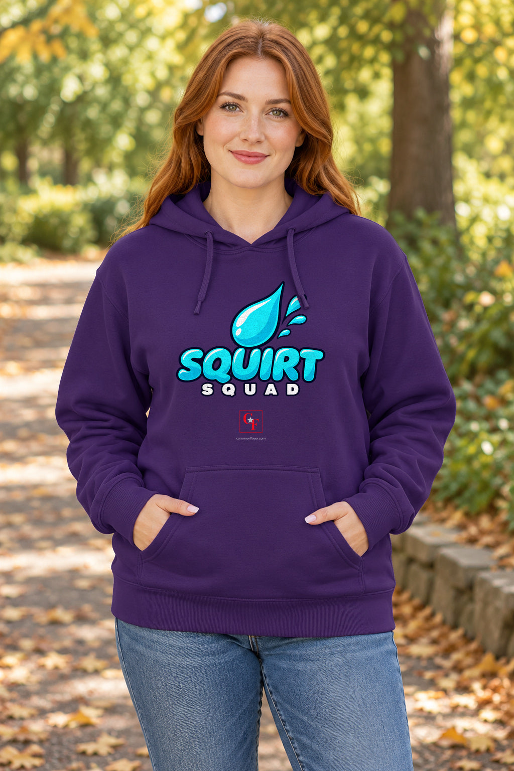 Squirt Squad Variation Hoodie in Purple on a model outdoors — Common Flavor