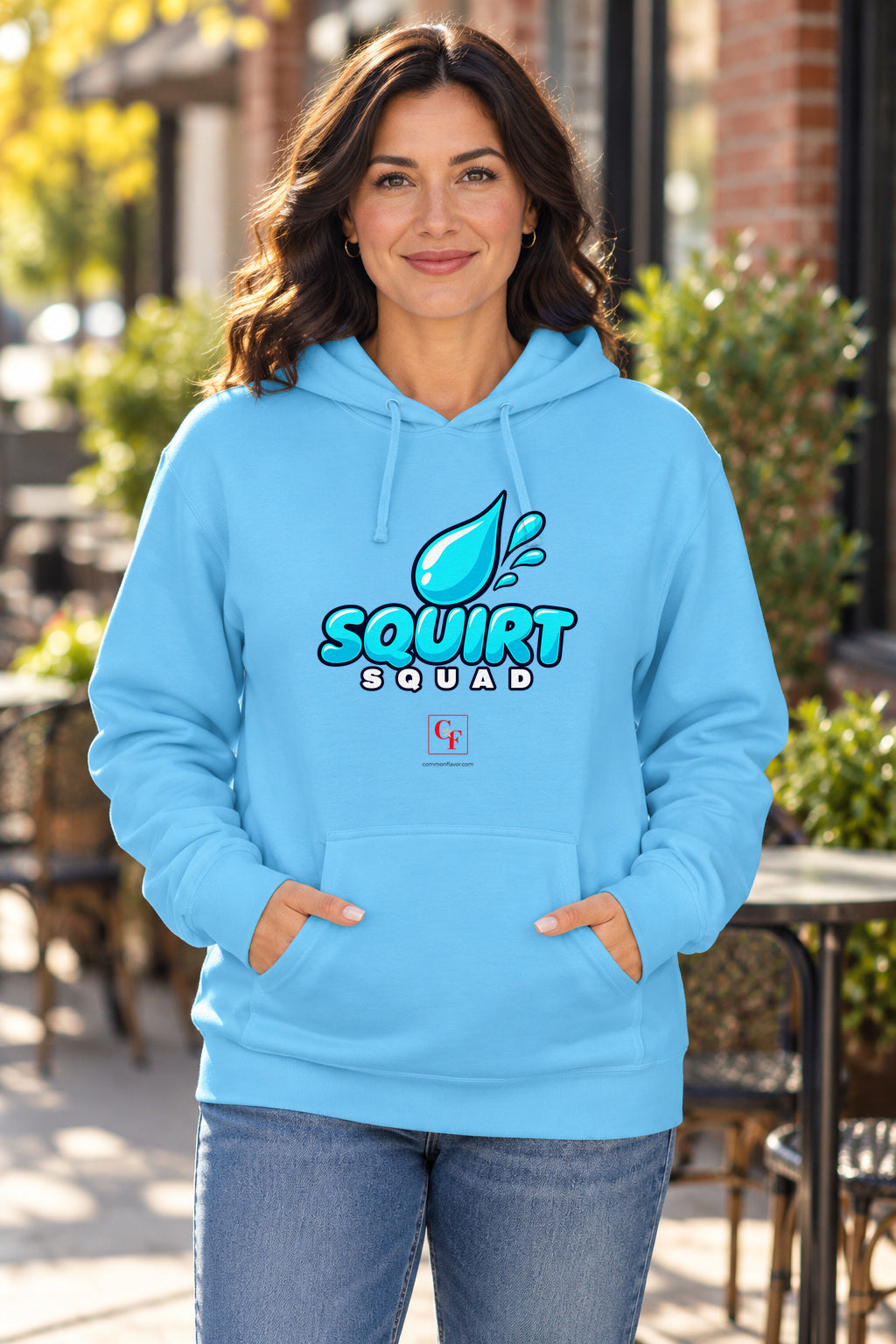 Squirt Squad Variation Hoodie in Sky on a model outdoors — Common Flavor