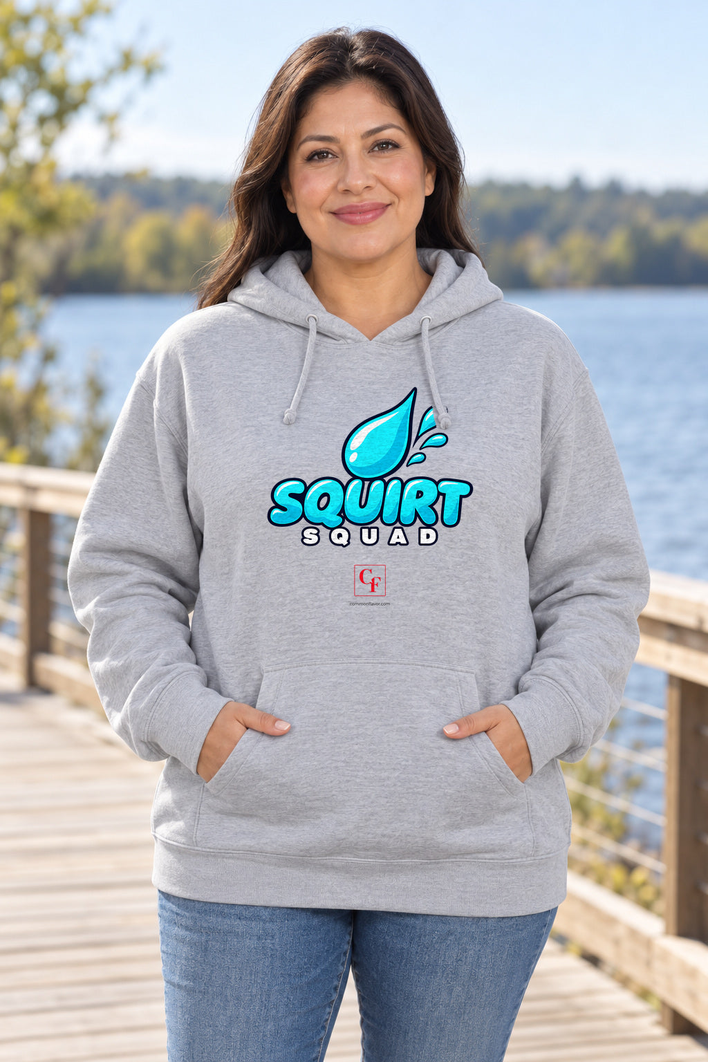 Squirt Squad Variation Hoodie in Sport Grey on a model outdoors — Common Flavor