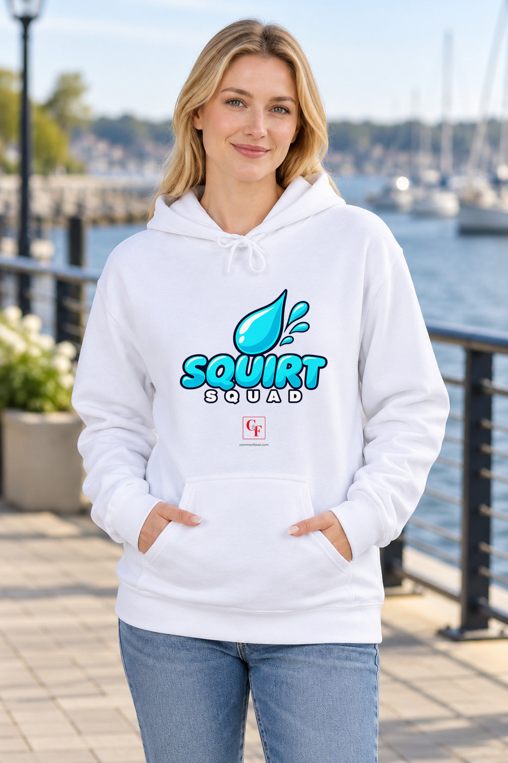 Squirt Squad Variation Hoodie in White on a model outdoors — Common Flavor