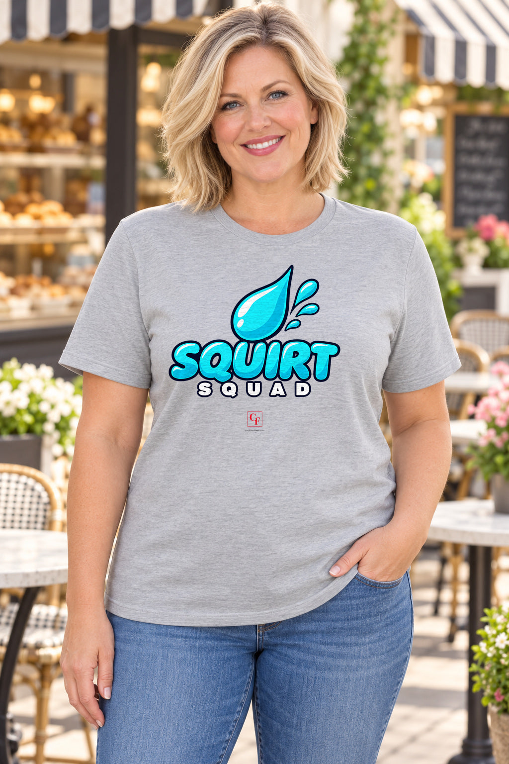 Squirt Squad Variation Tee in Athletic Heather, lifestyle model mockup