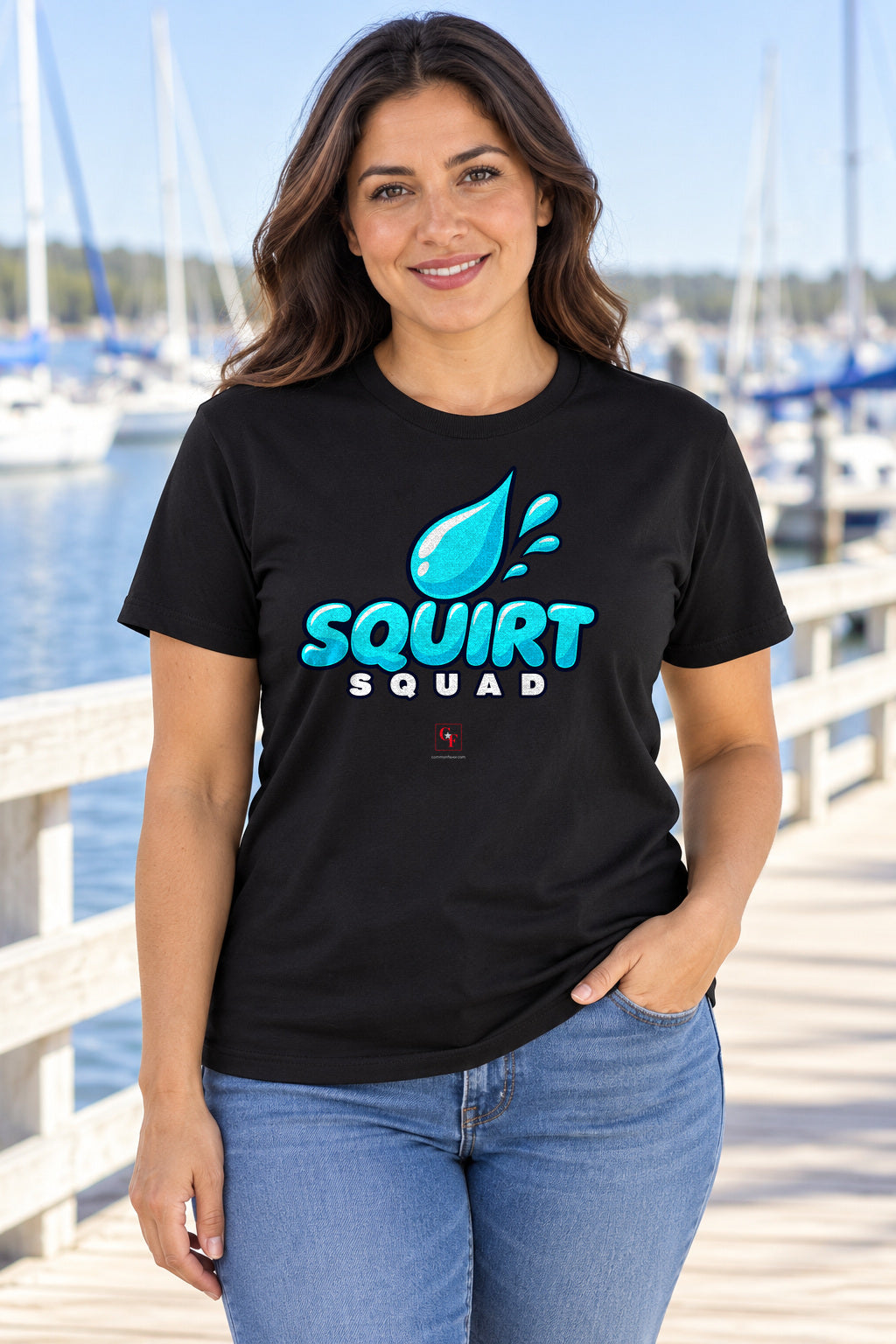 Squirt Squad Variation Tee in Black, lifestyle model mockup