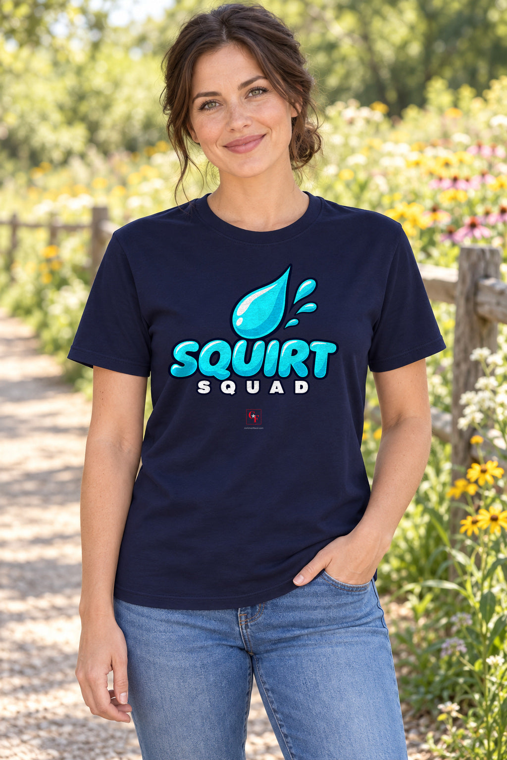 Squirt Squad Variation Tee in Navy, lifestyle model mockup