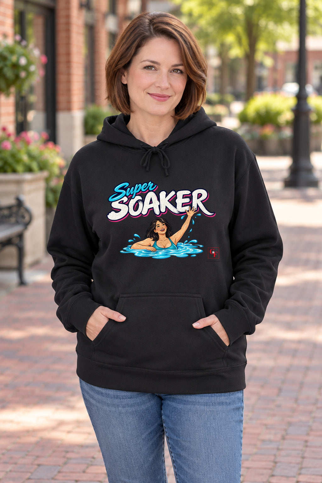 Super Soaker Female Hoodie in Black on a model outdoors — Common Flavor