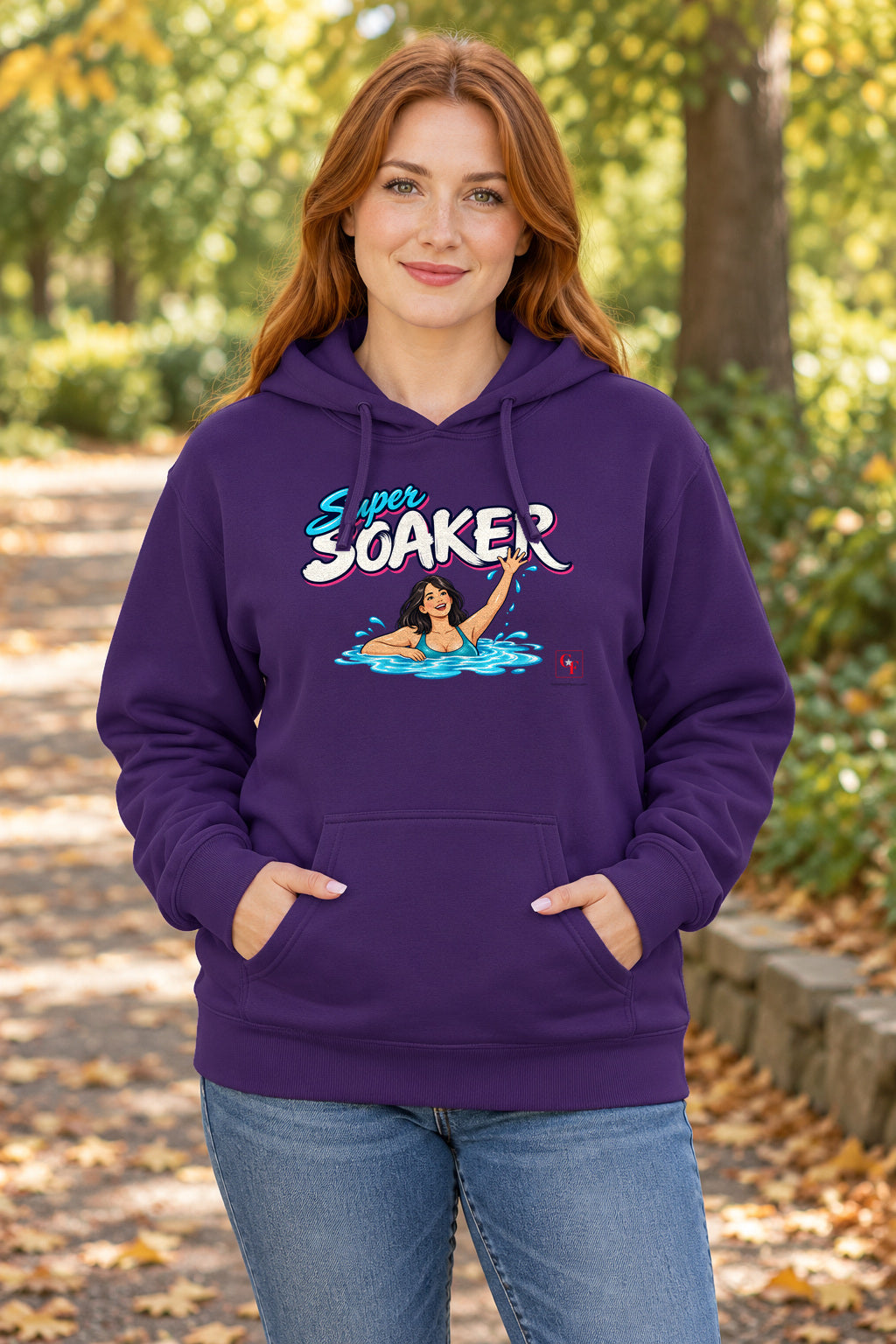 Super Soaker Female Hoodie in Purple on a model outdoors — Common Flavor