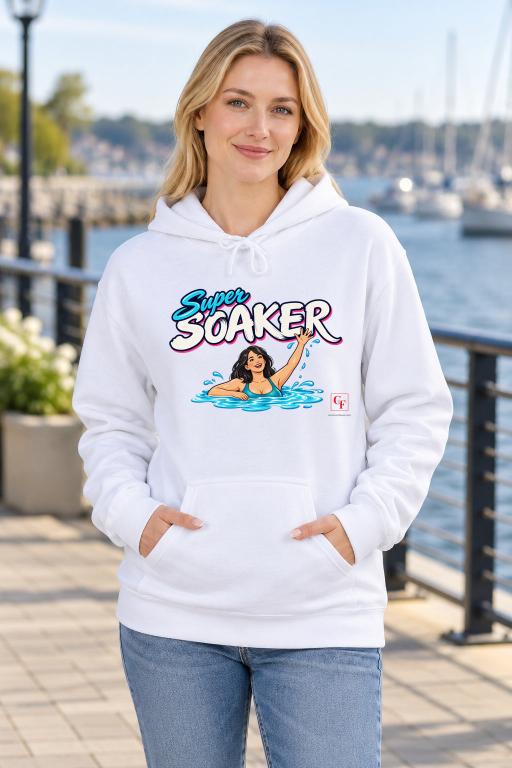 Super Soaker Female Hoodie in White on a model outdoors — Common Flavor
