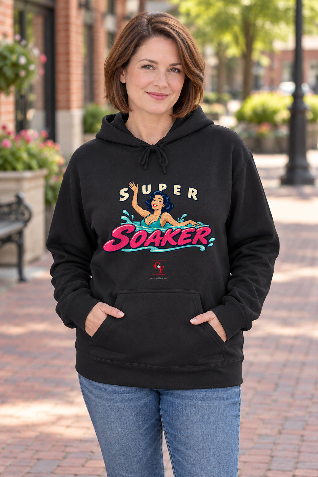 Super Soaker Female Variation Hoodie in Black on a model outdoors — Common Flavor