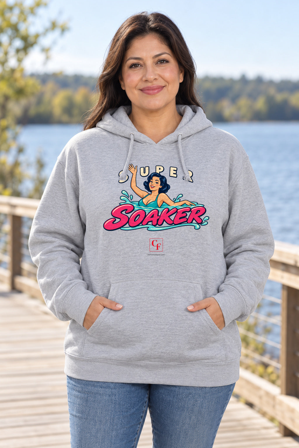 Super Soaker Female Variation Hoodie in Sport Grey on a model outdoors — Common Flavor