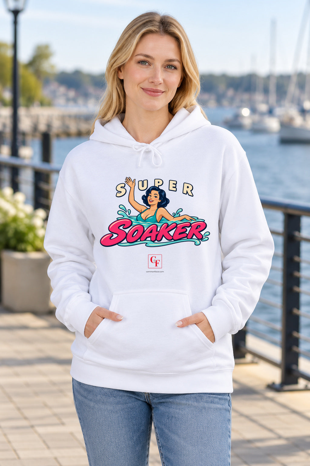 Super Soaker Female Variation Hoodie in White on a model outdoors — Common Flavor
