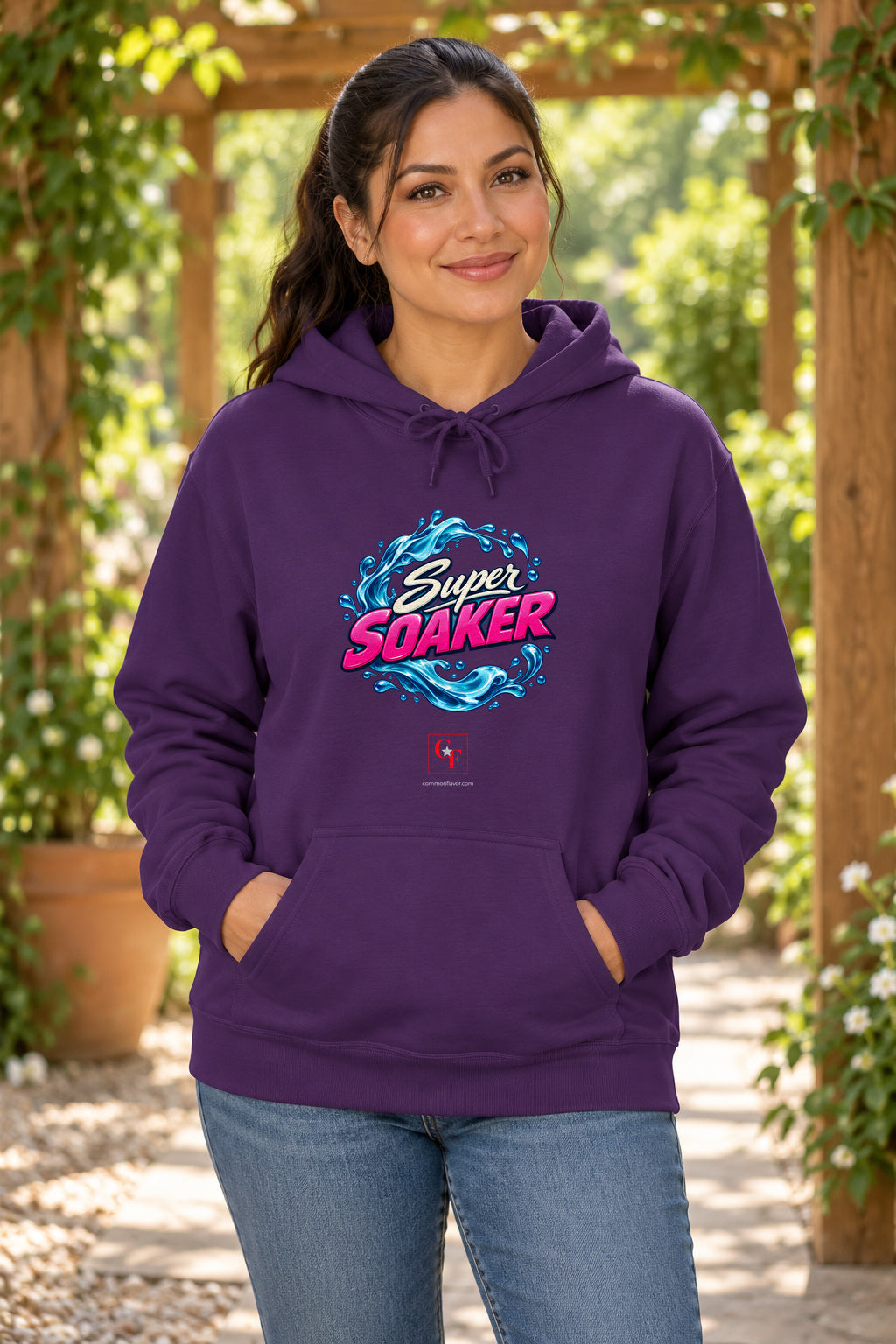Super Soaker Hoodie in Purple on a model outdoors — Common Flavor