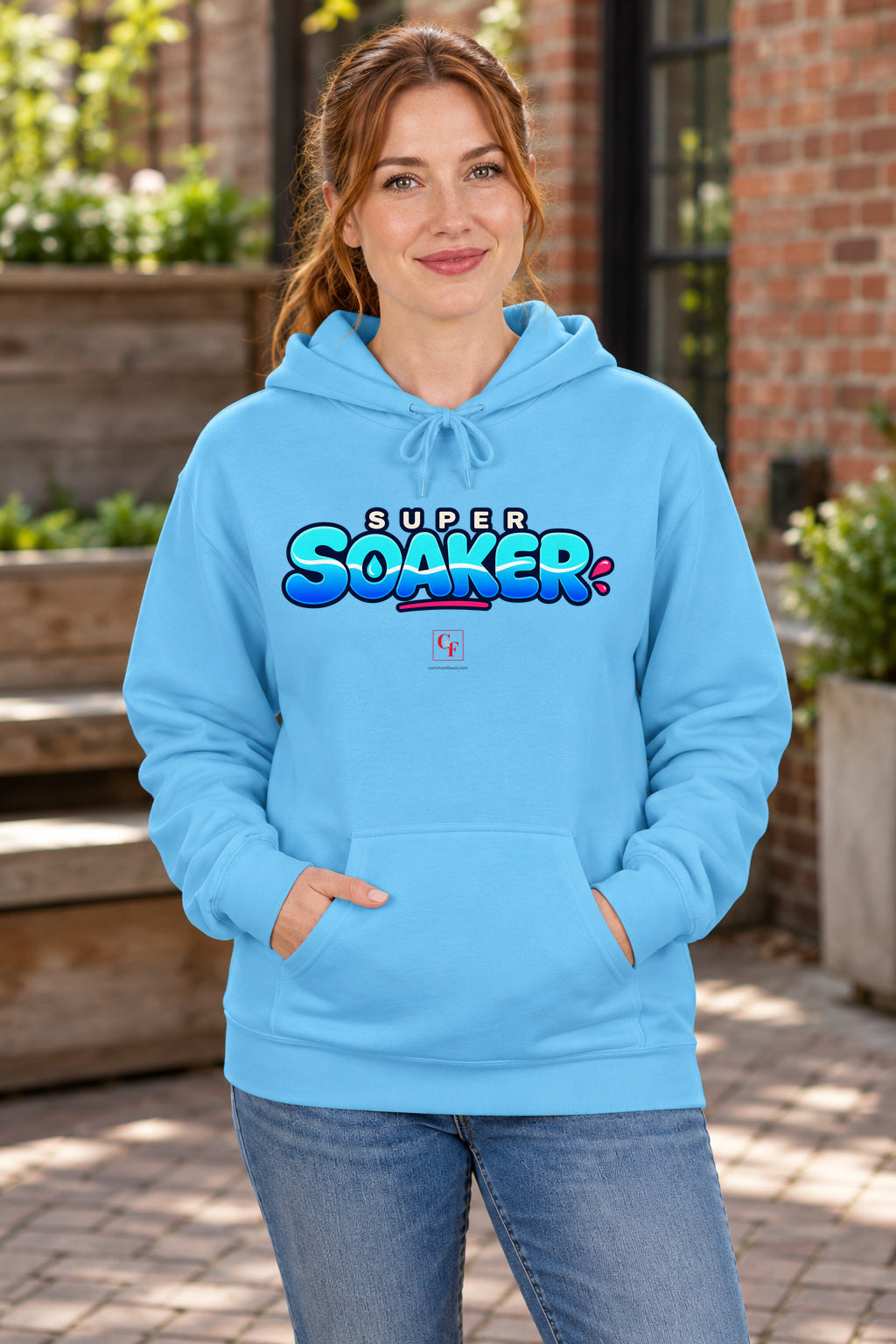 Super Soaker Variation Hoodie in Sky on a model outdoors — Common Flavor