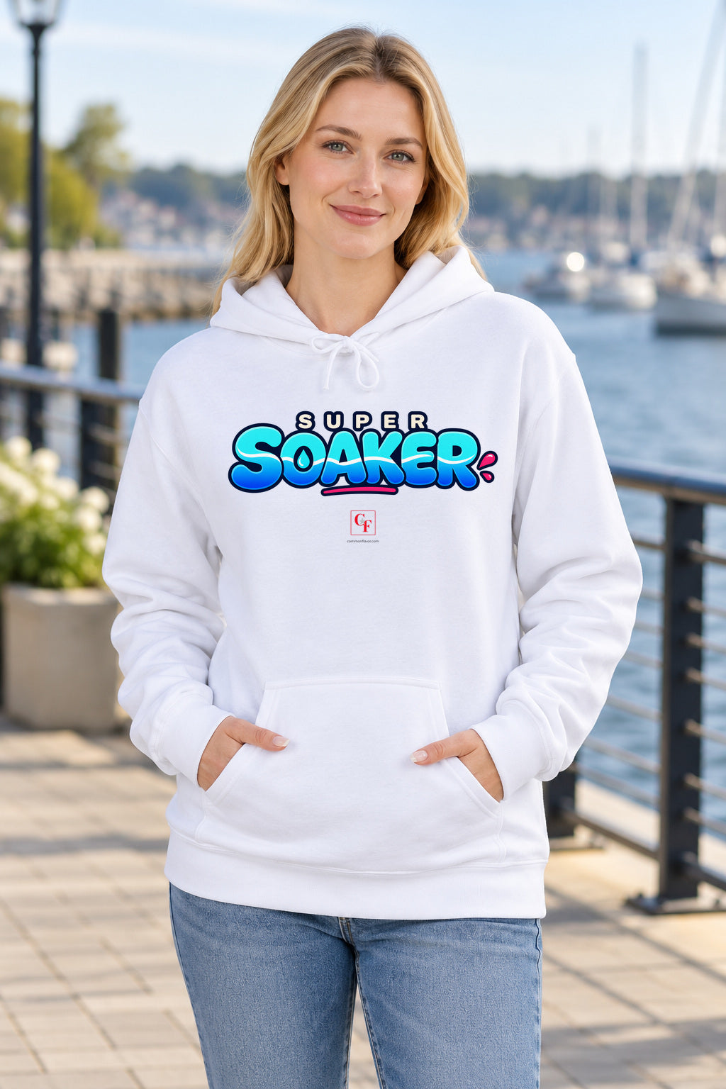 Super Soaker Variation Hoodie in White on a model outdoors — Common Flavor