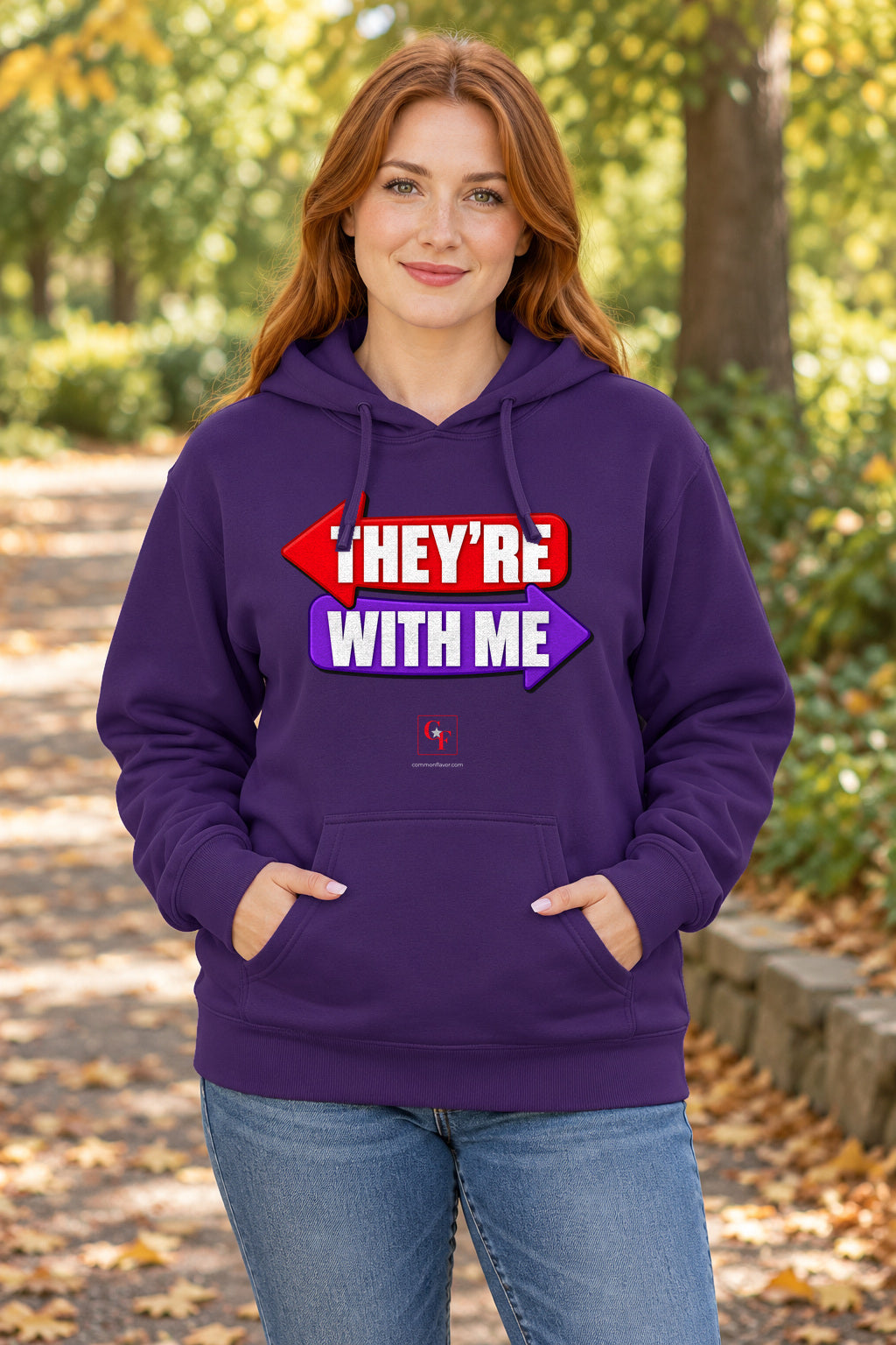 They're With Me Hoodie in Purple on a model outdoors — Common Flavor