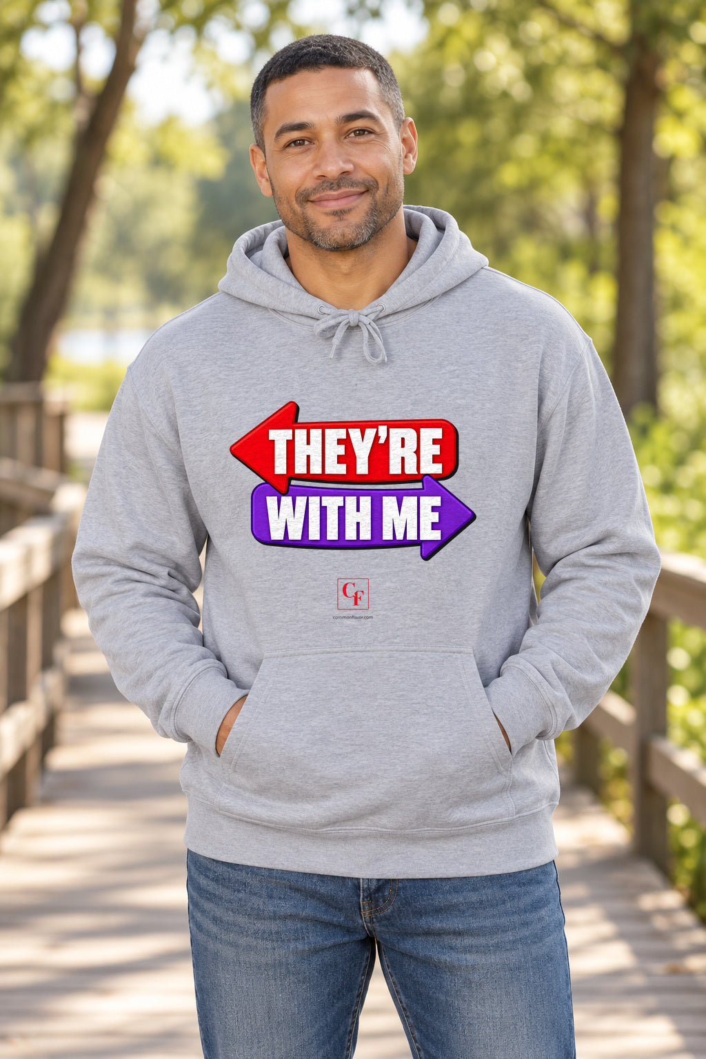 They're With Me Hoodie in Sport Grey on a model outdoors — Common Flavor