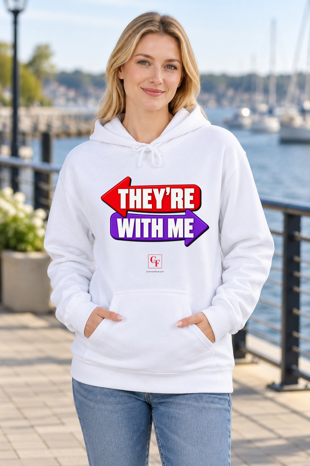 They're With Me Hoodie in White on a model outdoors — Common Flavor