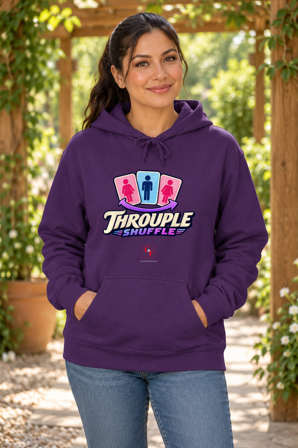 Throuple Shuffle Hoodie in Purple on a model outdoors — Common Flavor