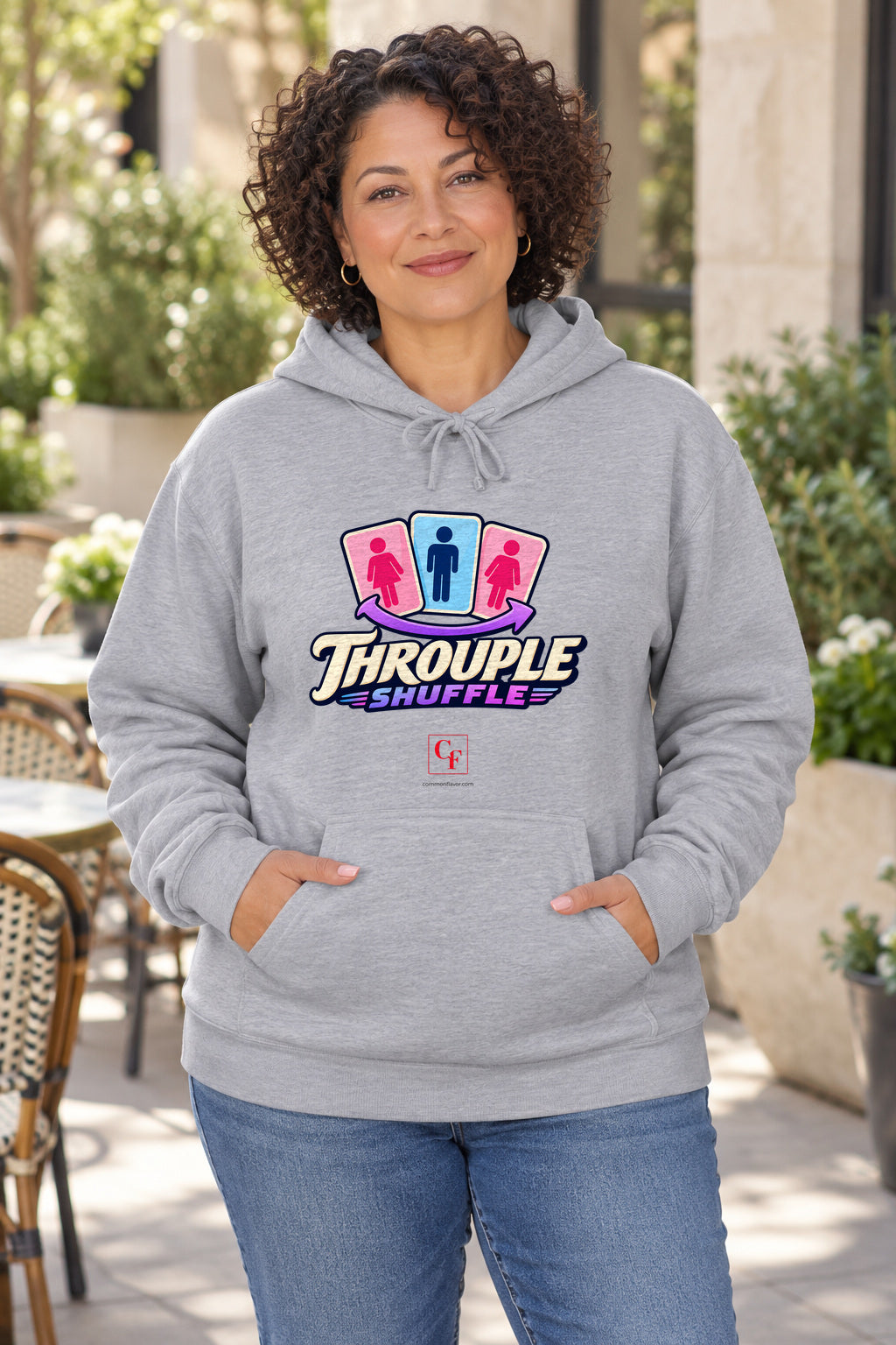 Throuple Shuffle Hoodie in Sport Grey on a model outdoors — Common Flavor