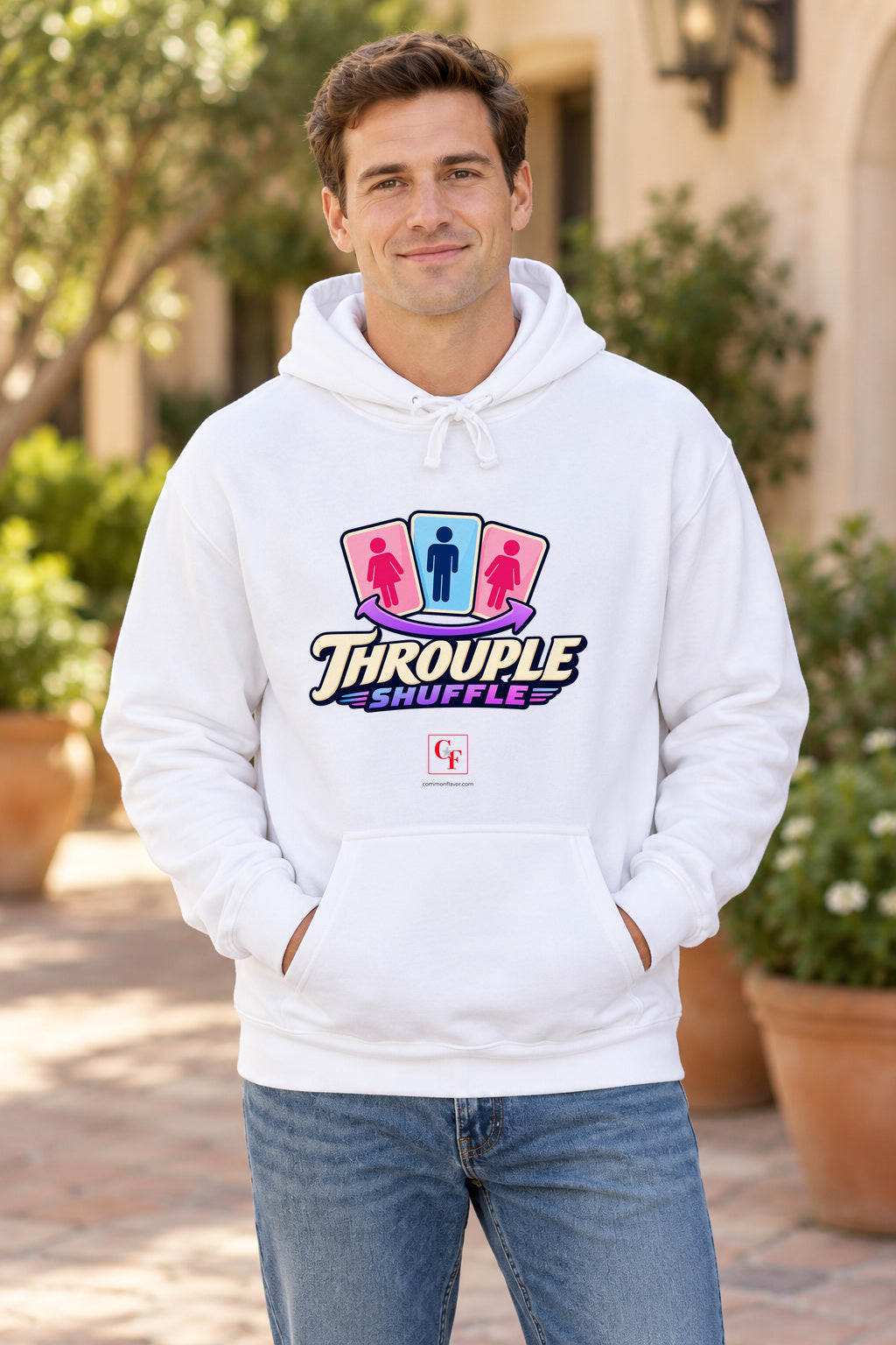 Throuple Shuffle Hoodie in White on a model outdoors — Common Flavor