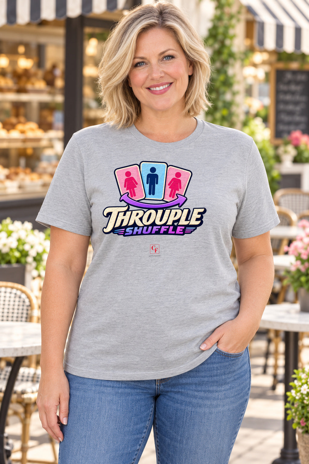 Throuple Shuffle Tee in Athletic Heather, lifestyle model mockup
