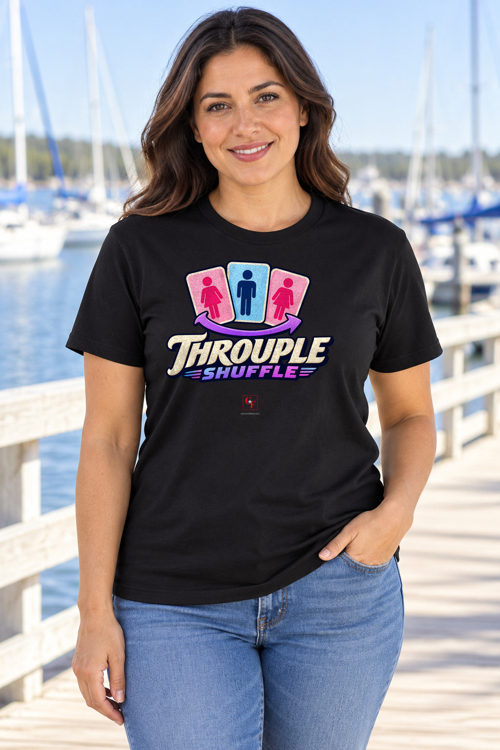 Throuple Shuffle Tee in Black, lifestyle model mockup