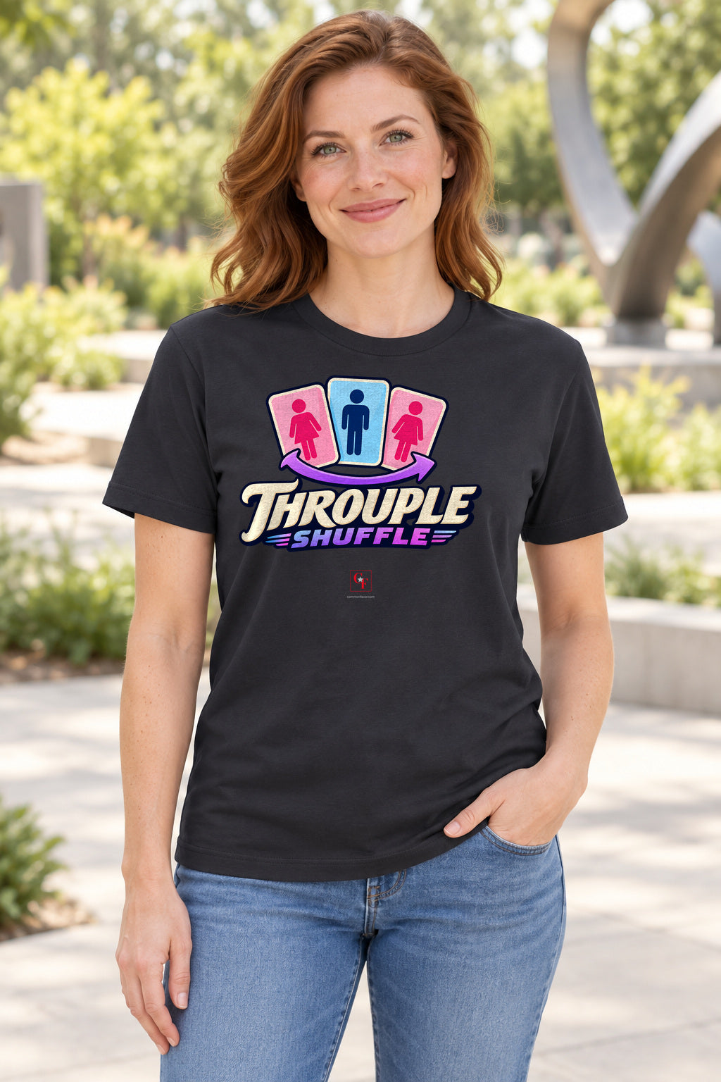 Throuple Shuffle Tee in Dark Grey, lifestyle model mockup