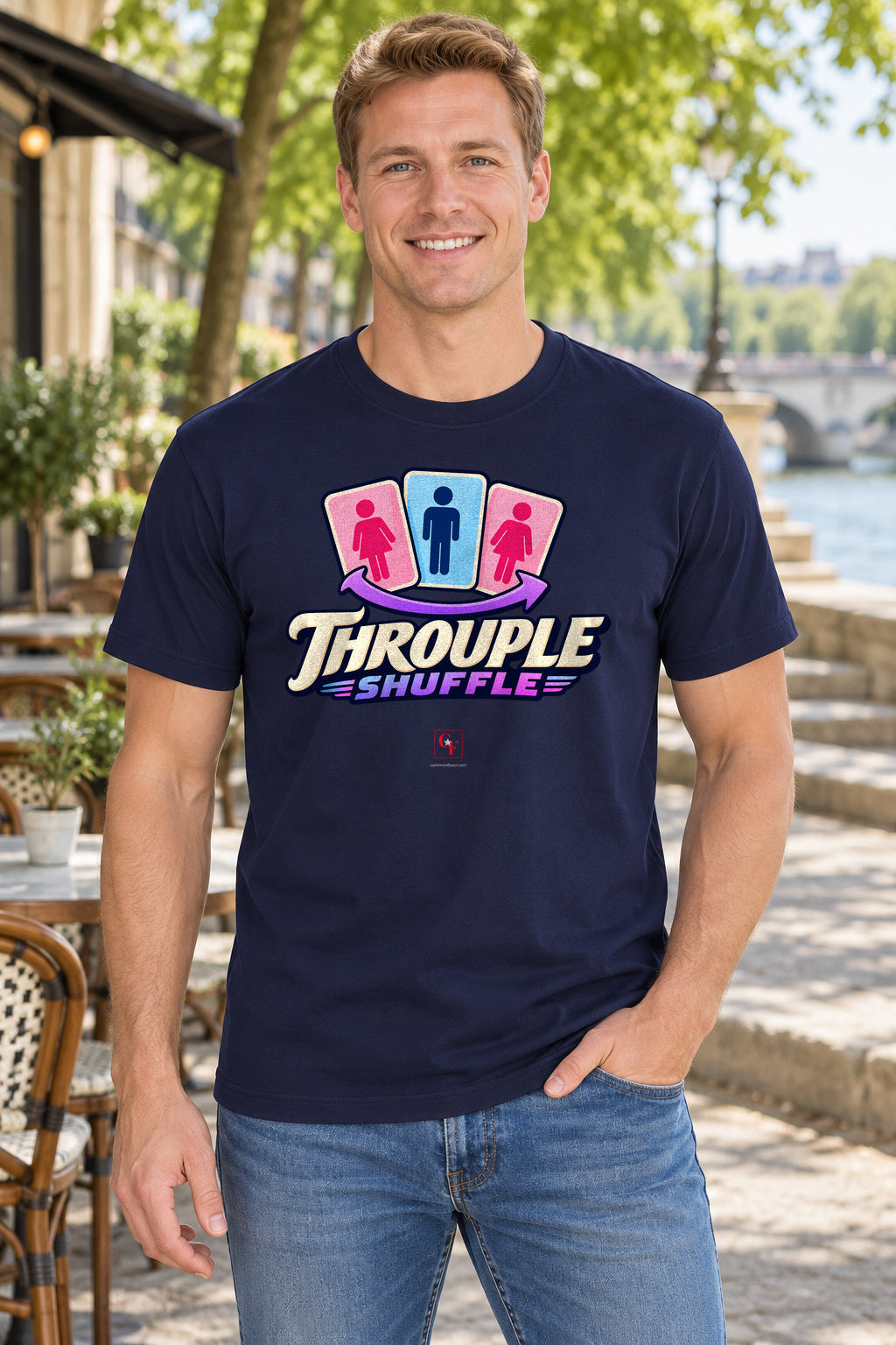 Throuple Shuffle Tee in Navy, lifestyle model mockup