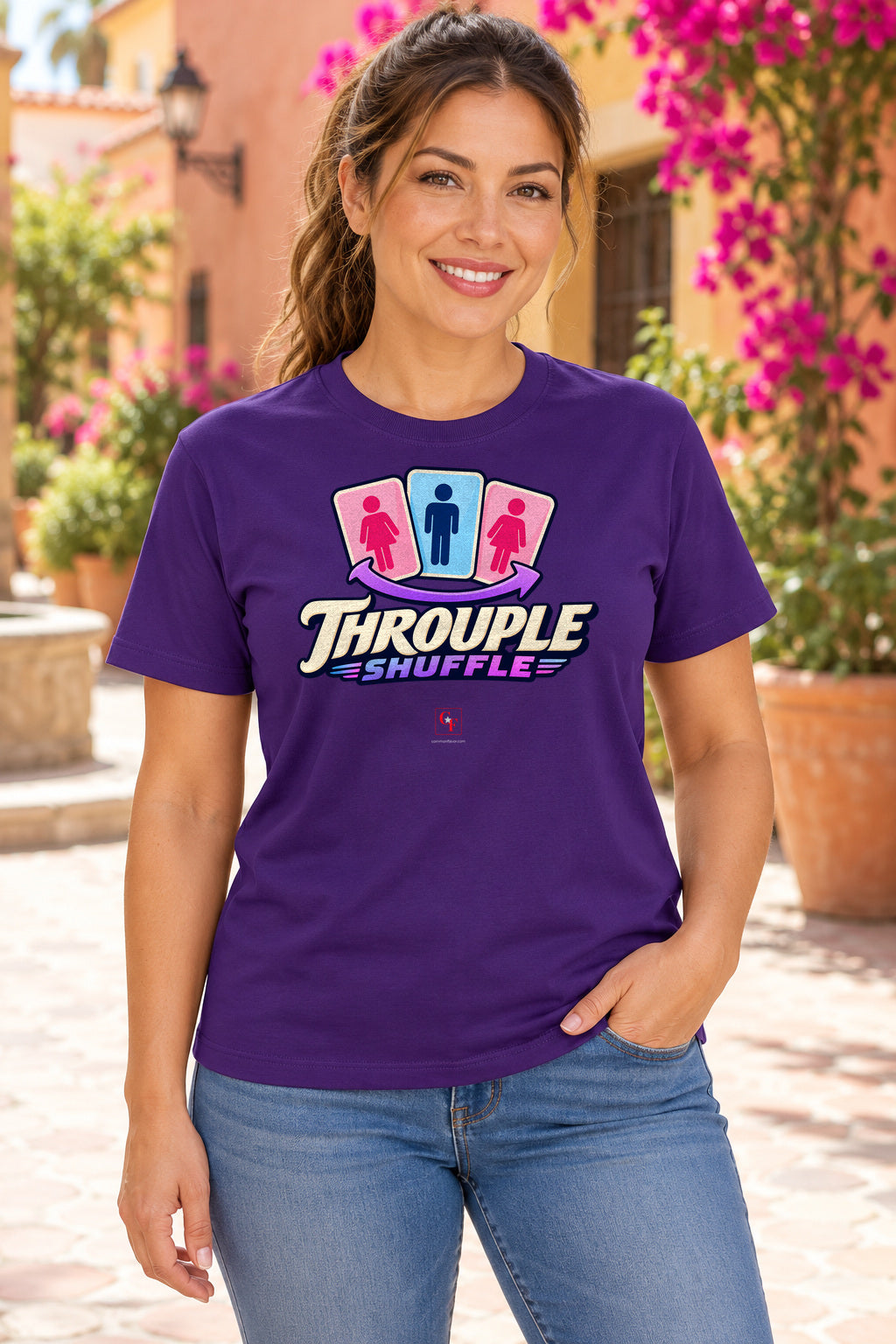 Throuple Shuffle Tee in Team Purple, lifestyle model mockup