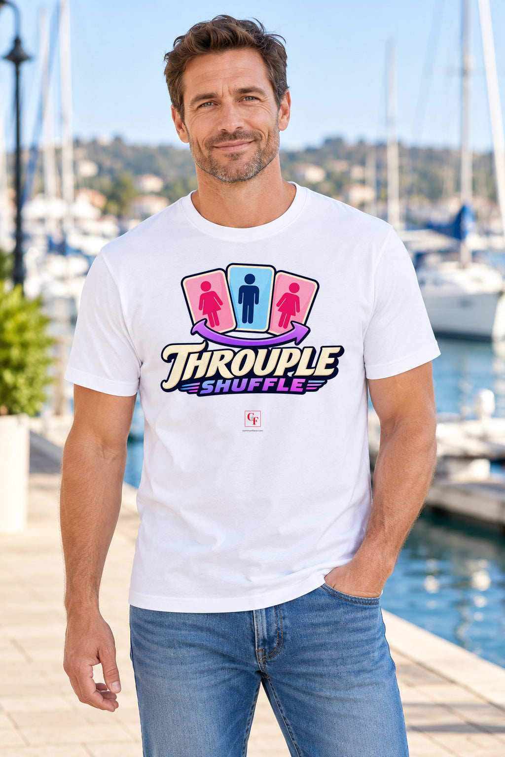 Throuple Shuffle Tee in White, lifestyle model mockup