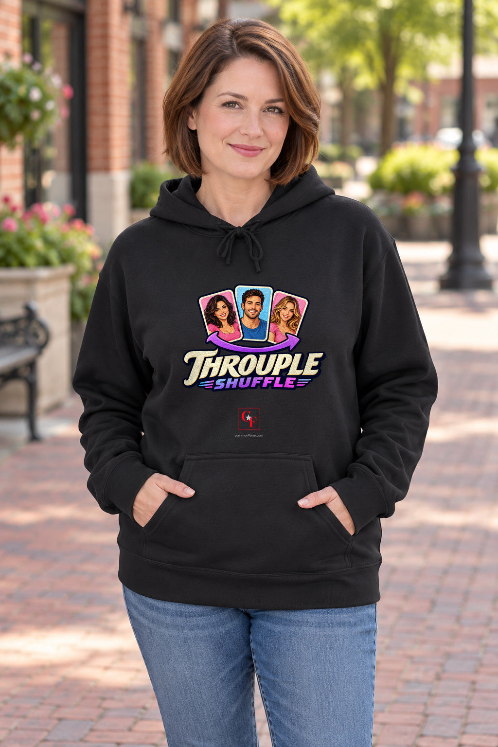 Throuple Shuffle Variation Hoodie in Black on a model outdoors — Common Flavor