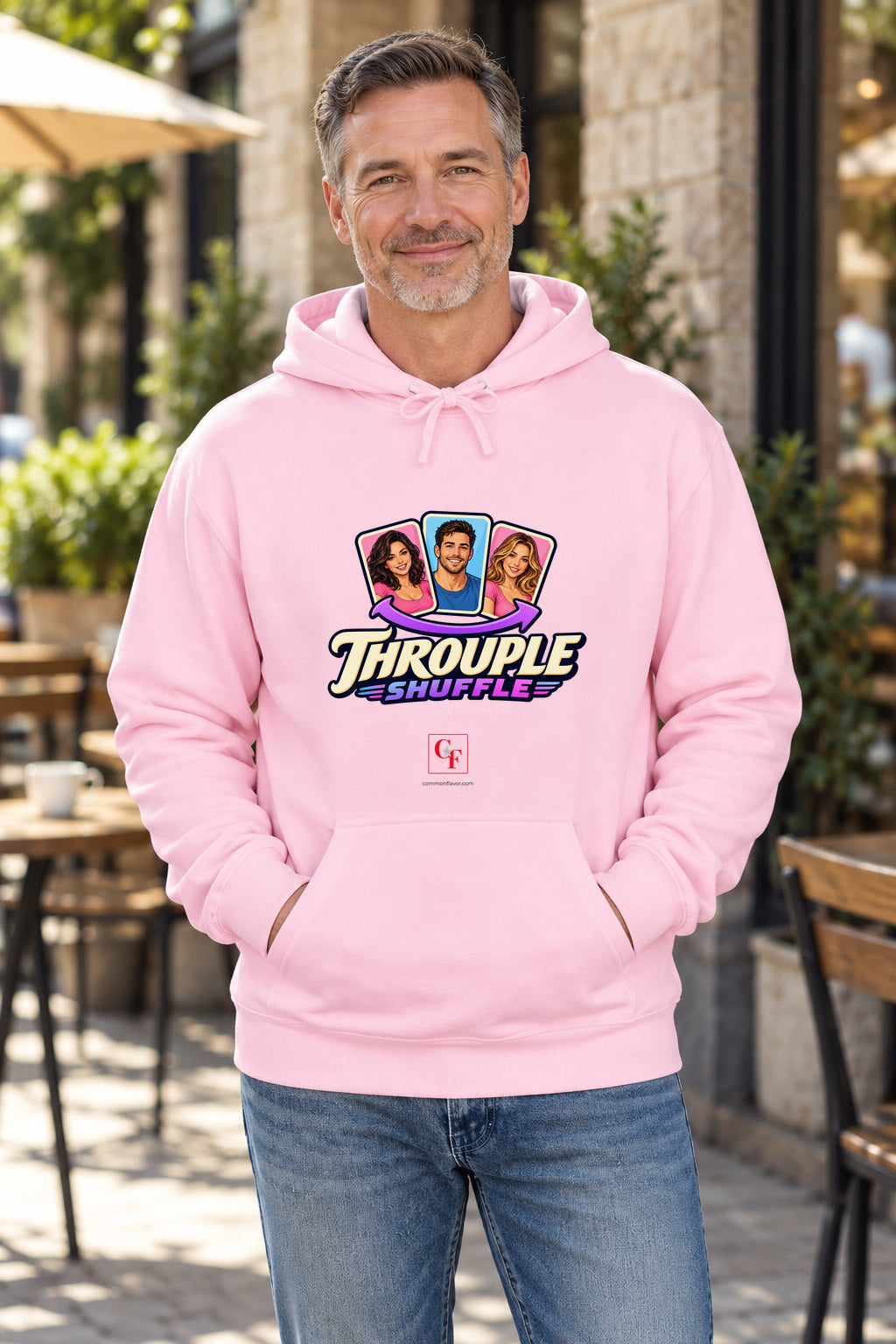 Throuple Shuffle Variation Hoodie in Light Pink on a model outdoors — Common Flavor