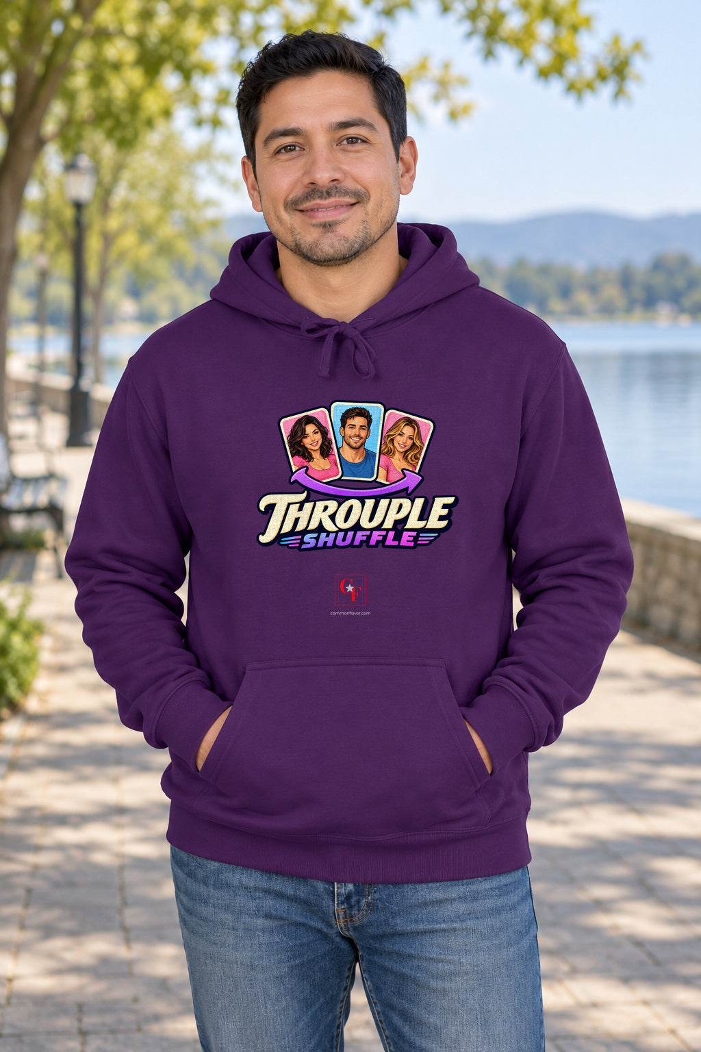 Throuple Shuffle Variation Hoodie in Purple on a model outdoors — Common Flavor
