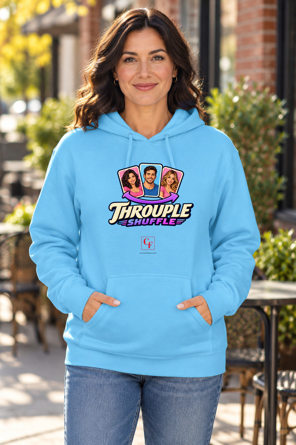 Throuple Shuffle Variation Hoodie in Sky on a model outdoors — Common Flavor