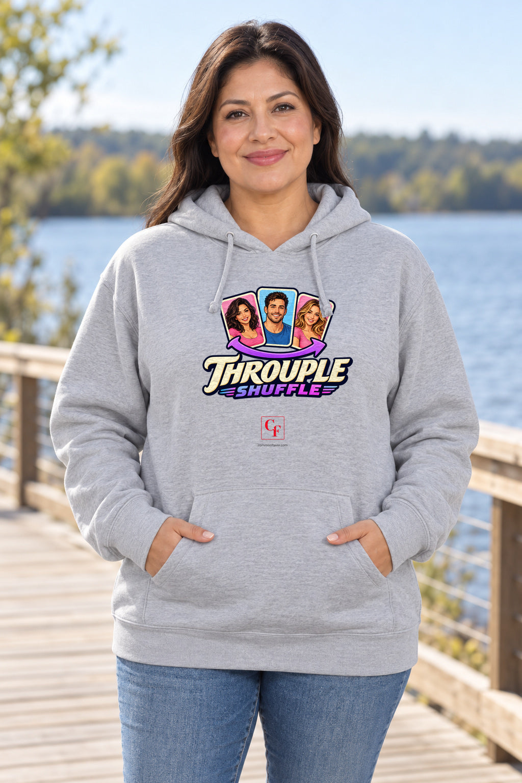 Throuple Shuffle Variation Hoodie in Sport Grey on a model outdoors — Common Flavor
