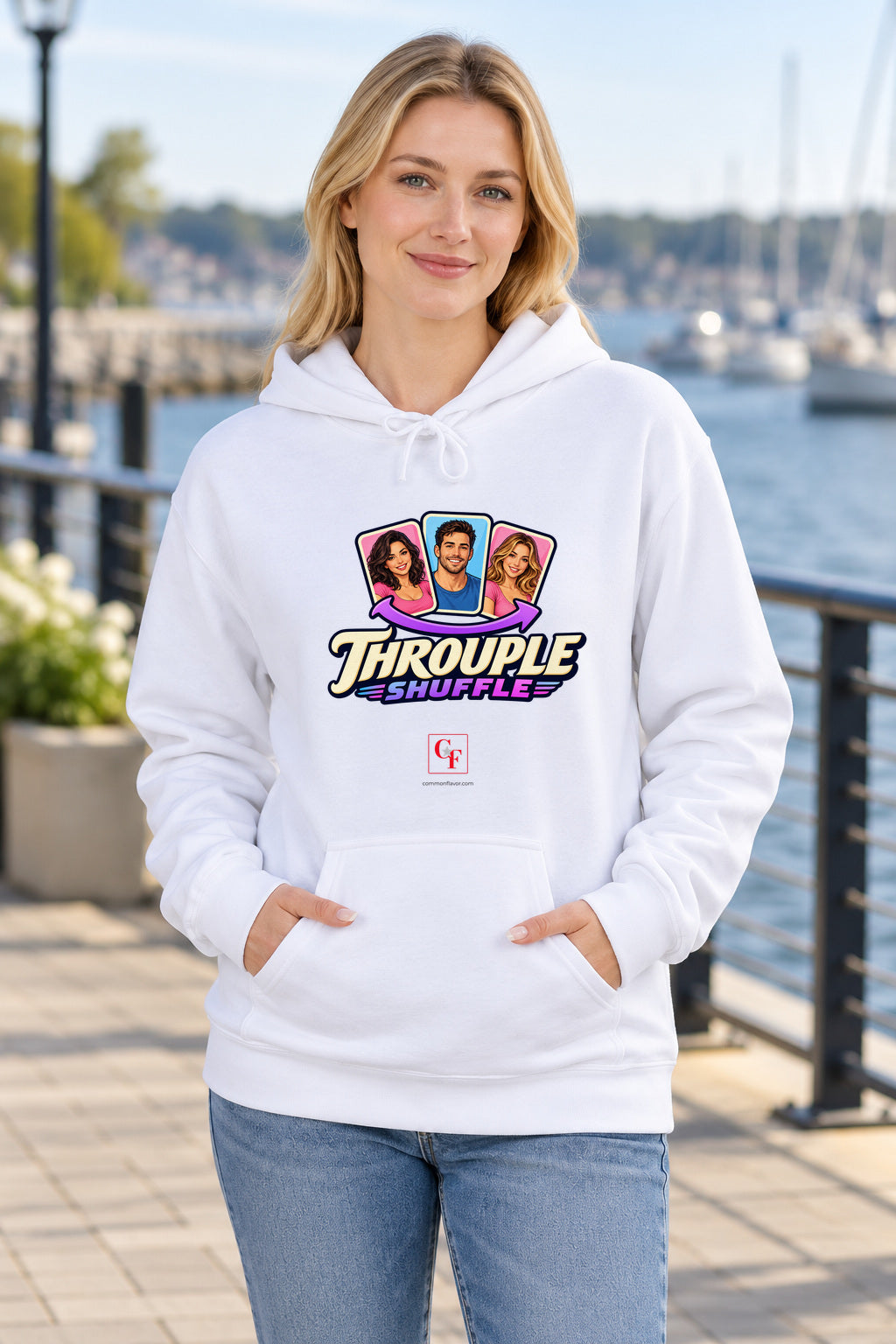 Throuple Shuffle Variation Hoodie in White on a model outdoors — Common Flavor
