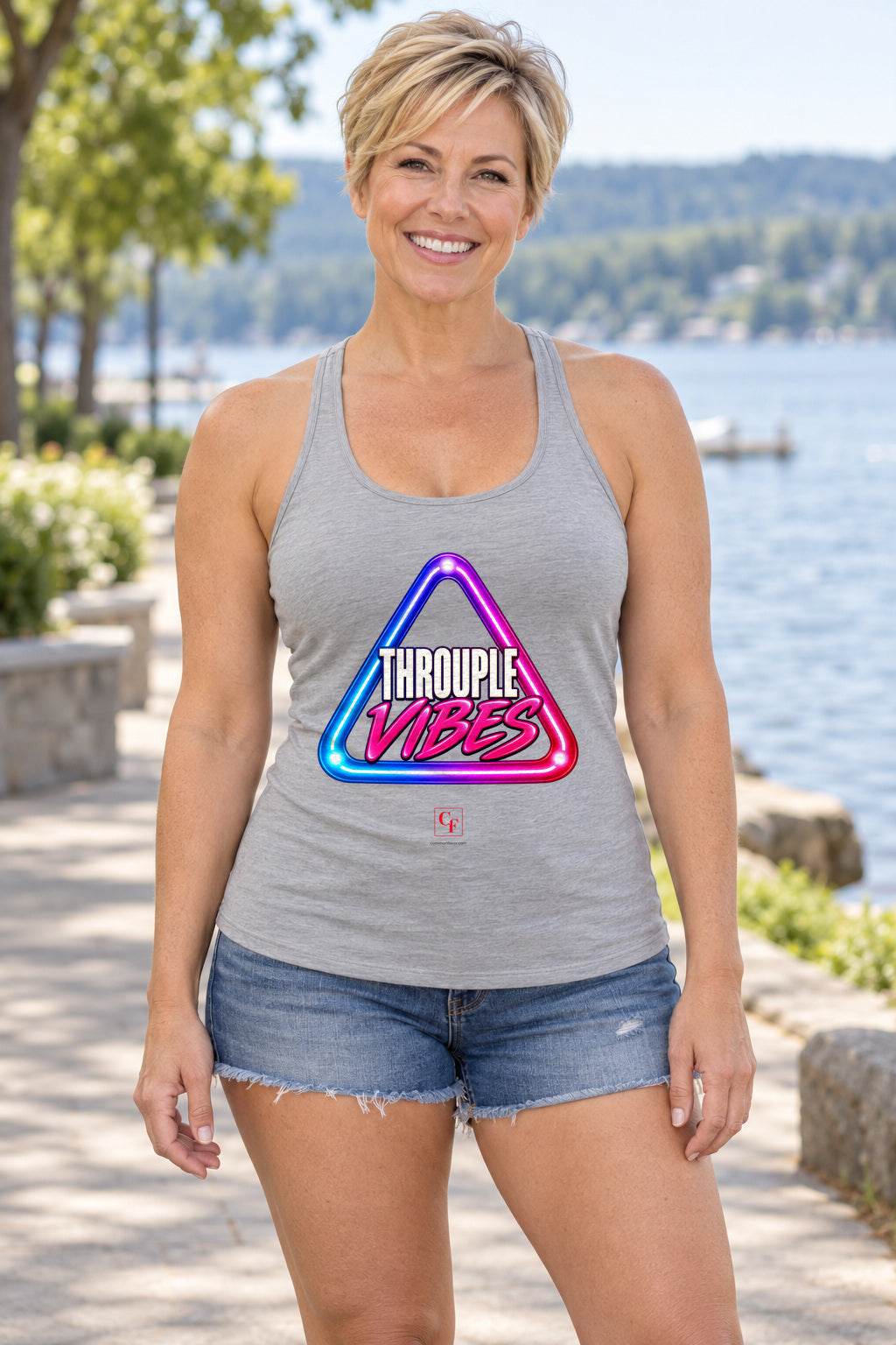 Throuple Vibes Racerback Tank in Heather Grey, woman wearing the tank in a lifestyle setting