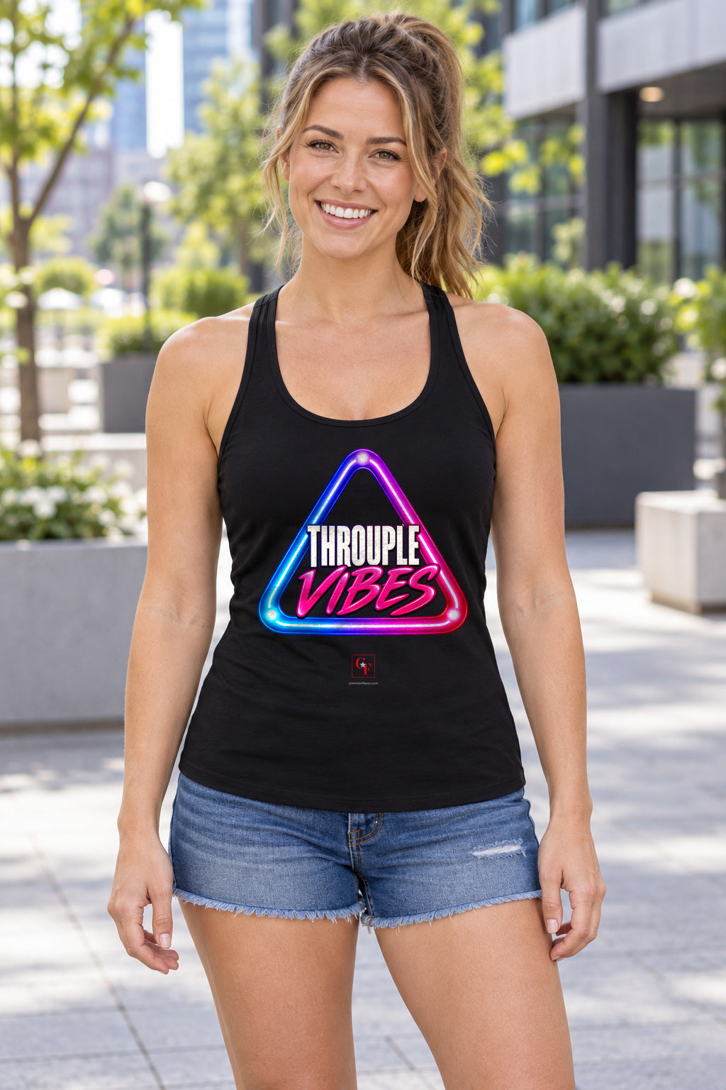 Throuple Vibes Racerback Tank in Black, woman wearing the tank in a lifestyle setting